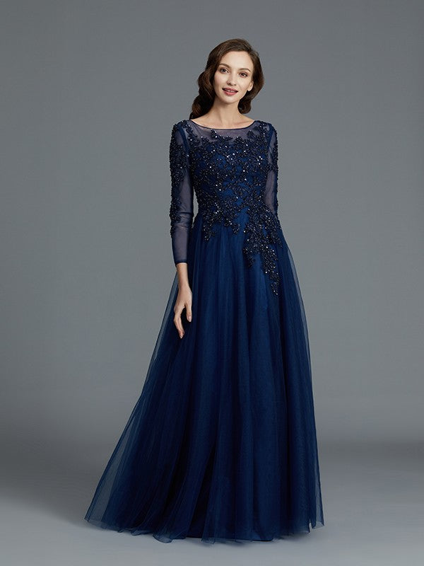 A-Line Long Sleeves Scoop Beading Floor-Length Tulle Mother of the Bride Dresses