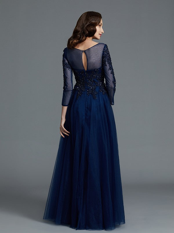 A-Line Long Sleeves Scoop Beading Floor-Length Tulle Mother of the Bride Dresses