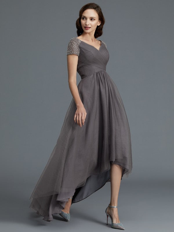 A-Line V-neck Short Sleeves Asymmetrical Tulle Mother of the Bride Dresses
