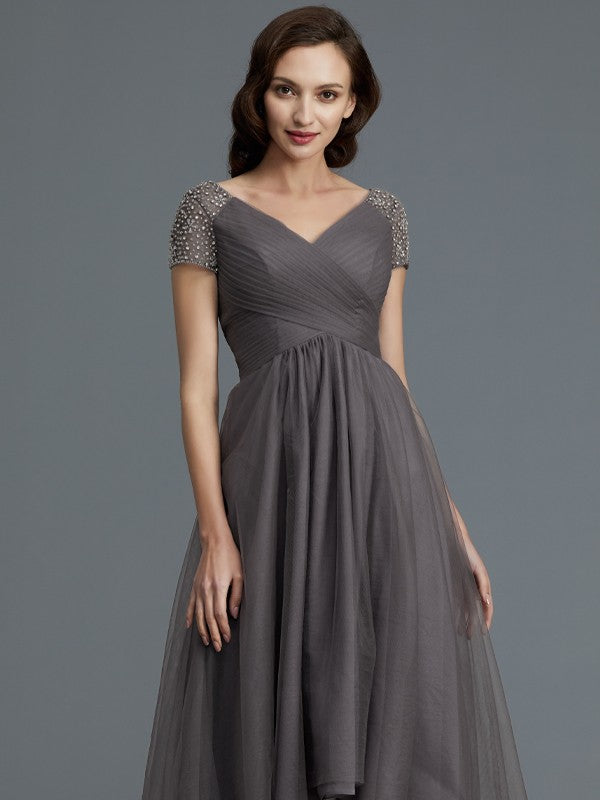 A-Line V-neck Short Sleeves Asymmetrical Tulle Mother of the Bride Dresses