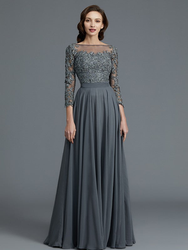 A-Line 3/4 Sleeves Bateau Floor-Length Chiffon Mother of the Bride Dresses