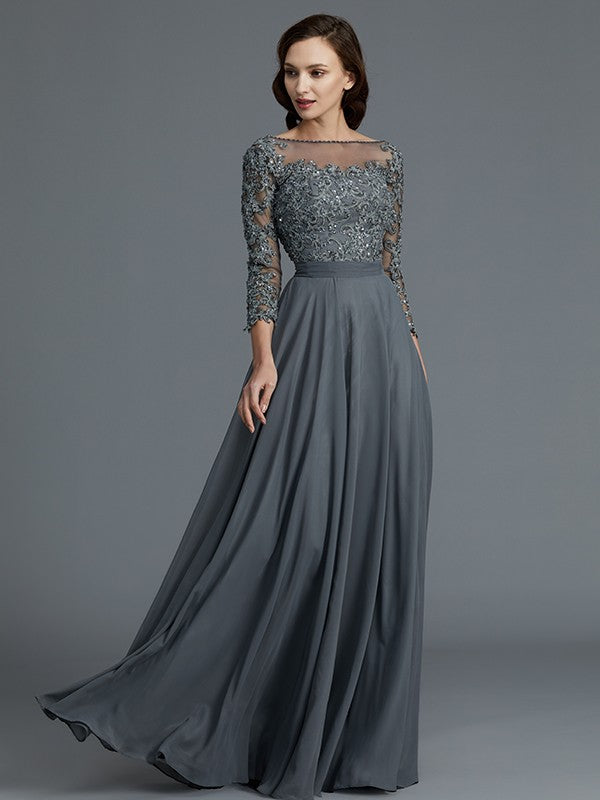 A-Line 3/4 Sleeves Bateau Floor-Length Chiffon Mother of the Bride Dresses