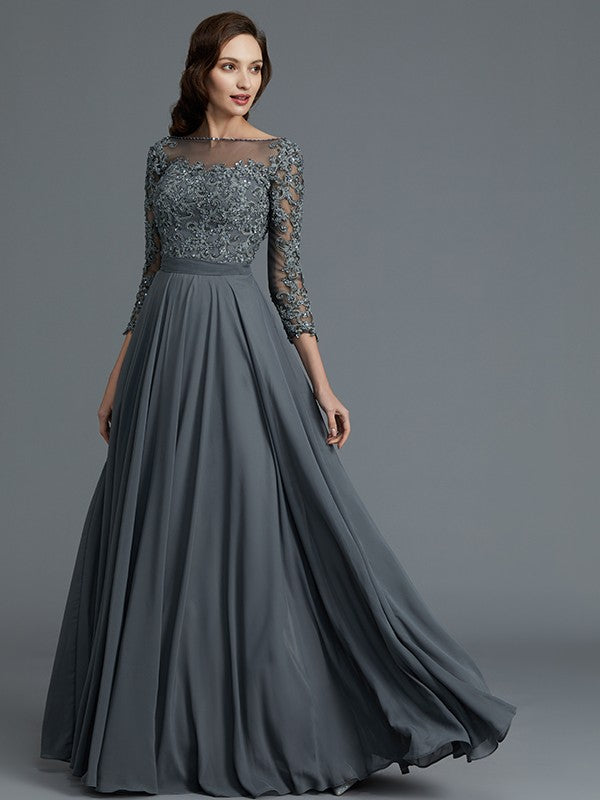 A-Line 3/4 Sleeves Bateau Floor-Length Chiffon Mother of the Bride Dresses