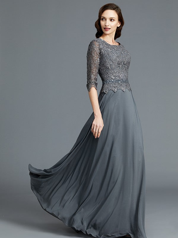 A-Line Scoop 1/2 Sleeves Chiffon Floor-Length Mother of the Bride Dresses