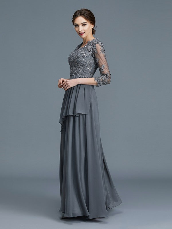 A-Line V-neck 3/4 Sleeves Ruffles Chiffon Floor-Length Mother of the Bride Dresses