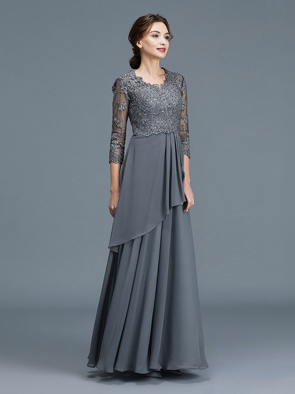 A-Line V-neck 3/4 Sleeves Ruffles Chiffon Floor-Length Mother of the Bride Dresses