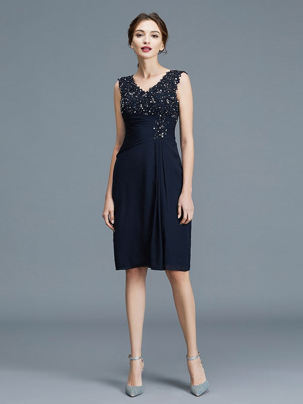 A Line Sheath/Column V-neck Ruffles Chiffon Sleeveless Knee-Length Mother of the Bride Dresses