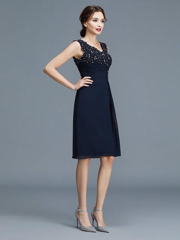 A Line Sheath/Column V-neck Ruffles Chiffon Sleeveless Knee-Length Mother of the Bride Dresses