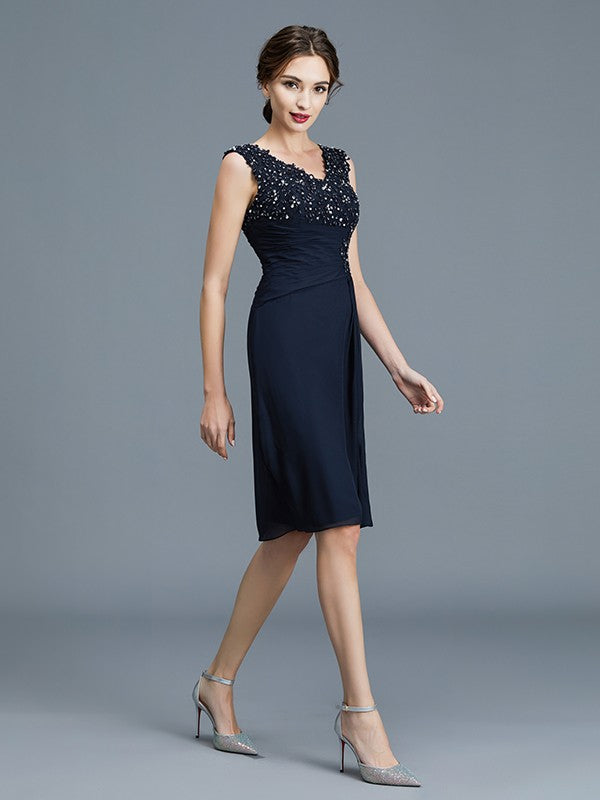 A Line Sheath/Column V-neck Ruffles Chiffon Sleeveless Knee-Length Mother of the Bride Dresses