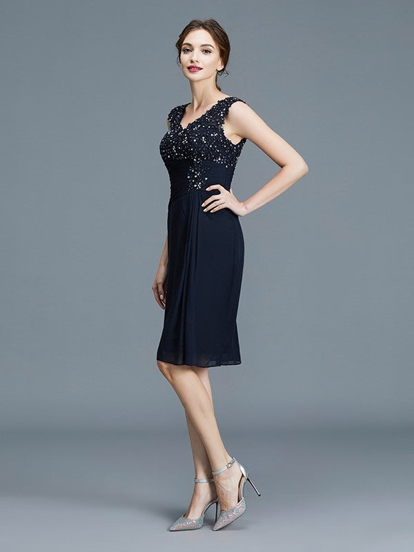 A Line Sheath/Column V-neck Ruffles Chiffon Sleeveless Knee-Length Mother of the Bride Dresses
