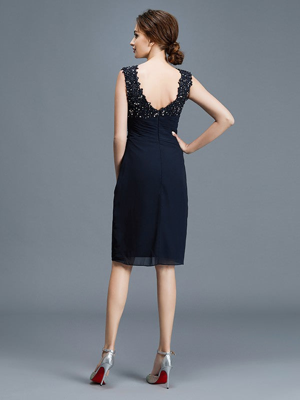 A Line Sheath/Column V-neck Ruffles Chiffon Sleeveless Knee-Length Mother of the Bride Dresses