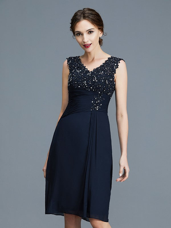 A Line Sheath/Column V-neck Ruffles Chiffon Sleeveless Knee-Length Mother of the Bride Dresses