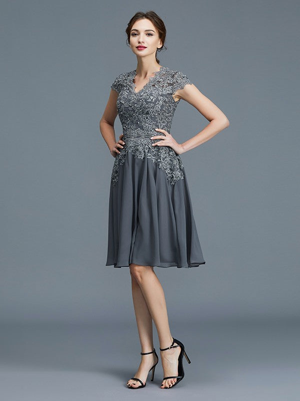 A-Line V-neck Chiffon Applique Sleeveless Knee-Length Mother of the Bride Dresses