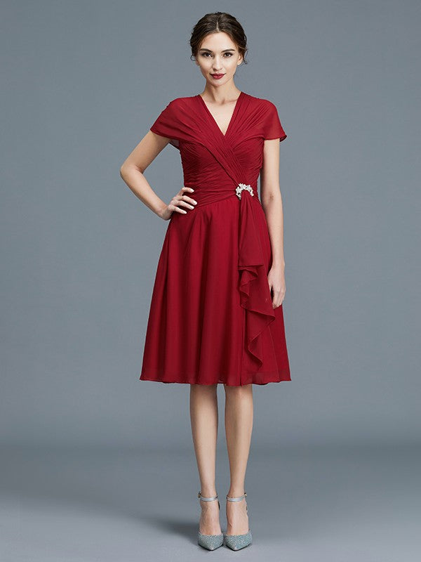 A-Line V-neck Chiffon Sleeveless Knee-Length Ruffles Mother of the Bride Dresses