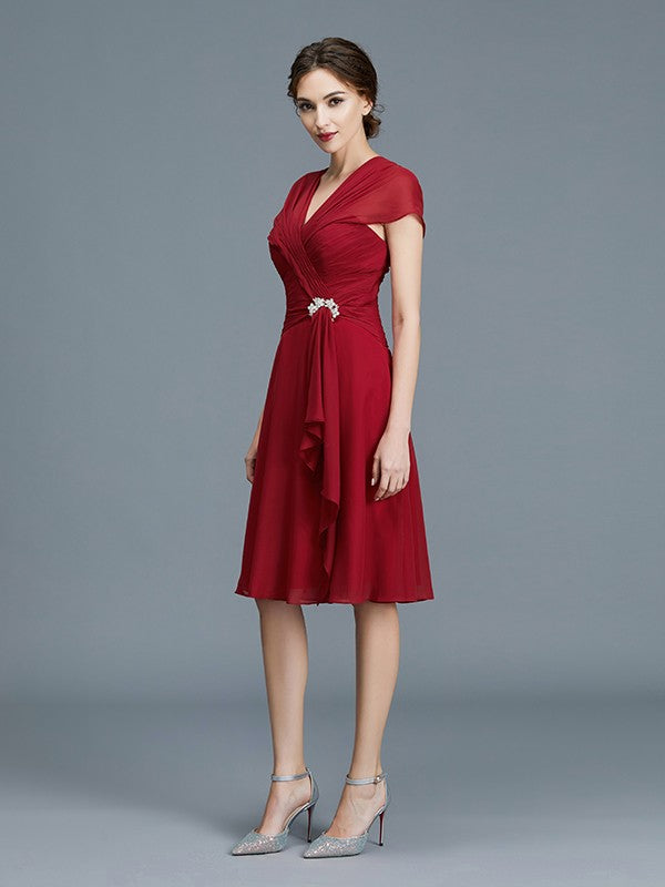 A-Line V-neck Chiffon Sleeveless Knee-Length Ruffles Mother of the Bride Dresses