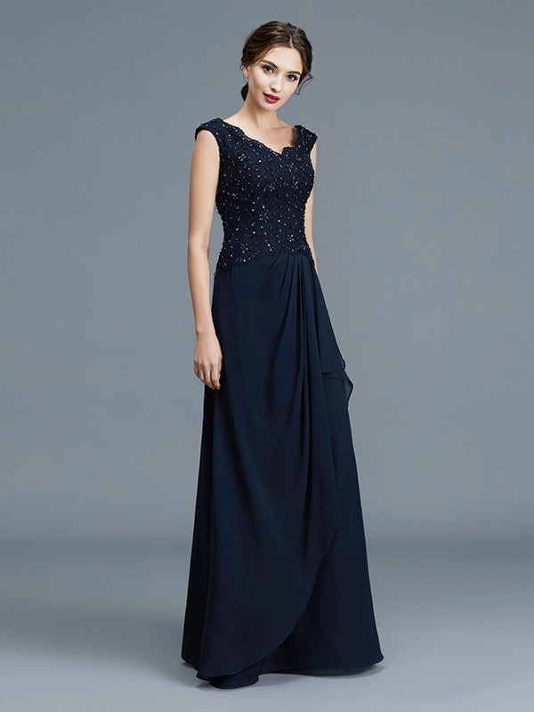 A-Line V-neck Ruffles Floor-Length Chiffon Sleeveless Mother of the Bride Dresses