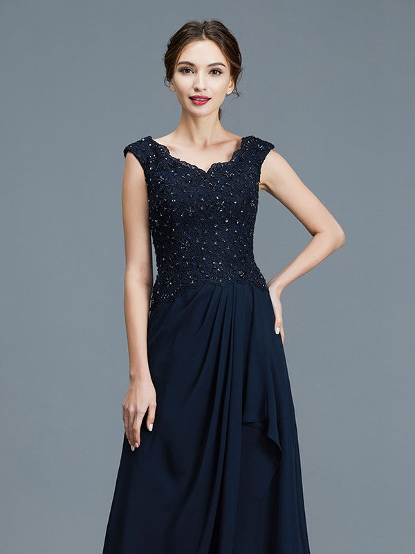 A-Line V-neck Ruffles Floor-Length Chiffon Sleeveless Mother of the Bride Dresses