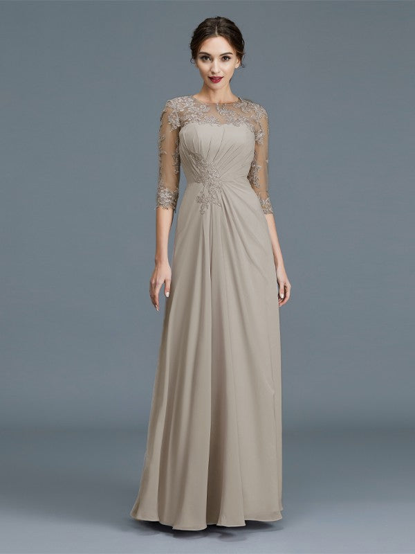 A-Line Scoop 3/4 Sleeves Chiffon Ruffles Floor-Length Mother of the Bride Dresses