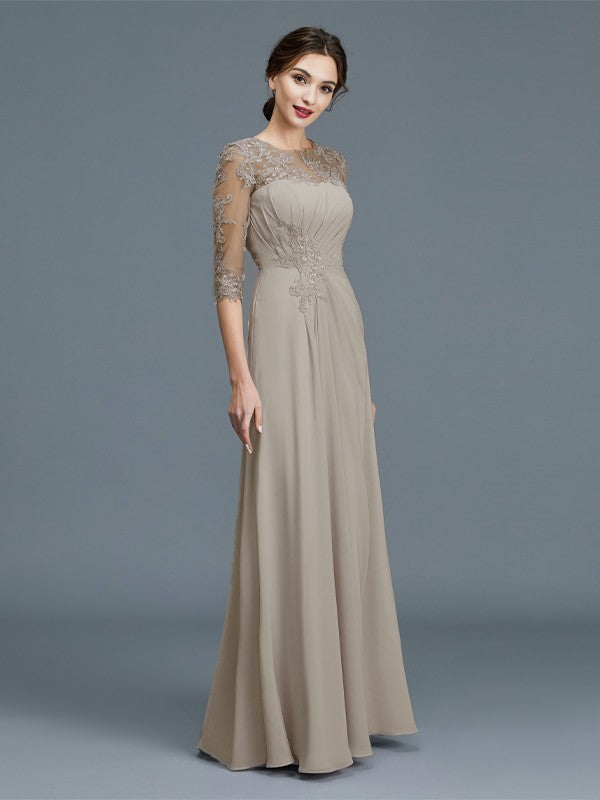 A-Line Scoop 3/4 Sleeves Chiffon Ruffles Floor-Length Mother of the Bride Dresses