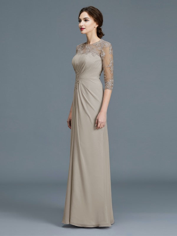 A-Line Scoop 3/4 Sleeves Chiffon Ruffles Floor-Length Mother of the Bride Dresses