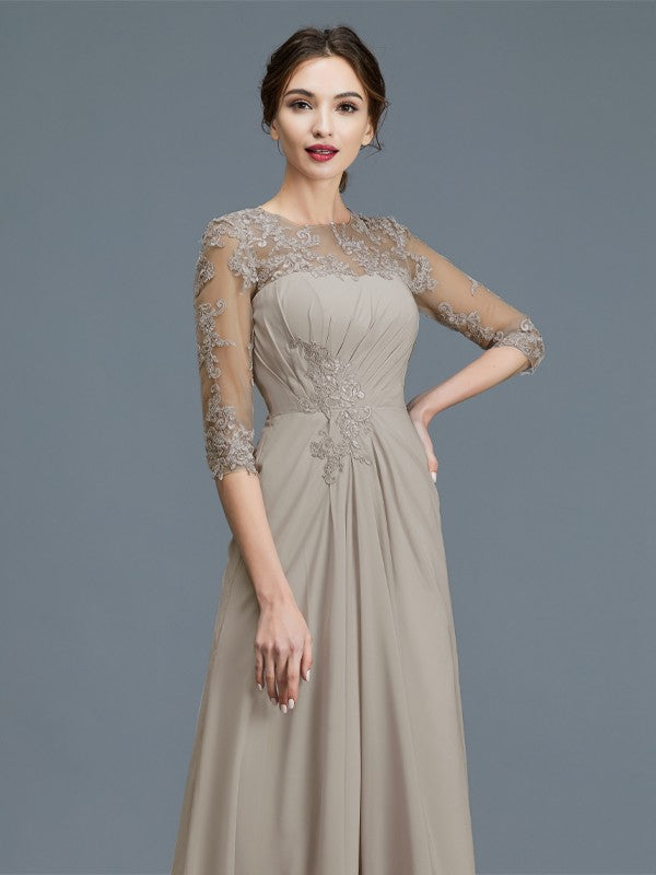 A-Line Scoop 3/4 Sleeves Chiffon Ruffles Floor-Length Mother of the Bride Dresses