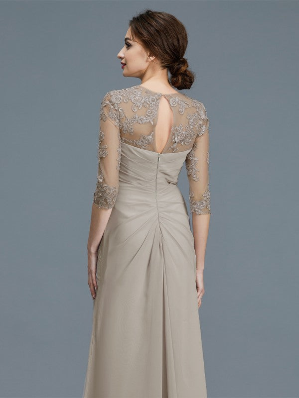 A-Line Scoop 3/4 Sleeves Chiffon Ruffles Floor-Length Mother of the Bride Dresses