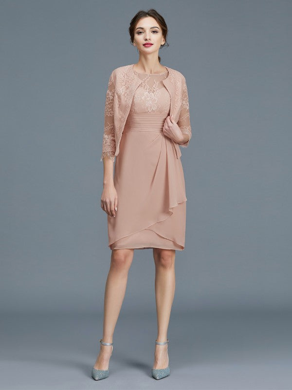 A Line Sheath/Column Sheer Neck Ruffles Chiffon Sleeveless Knee-Length Mother of the Bride Dresses