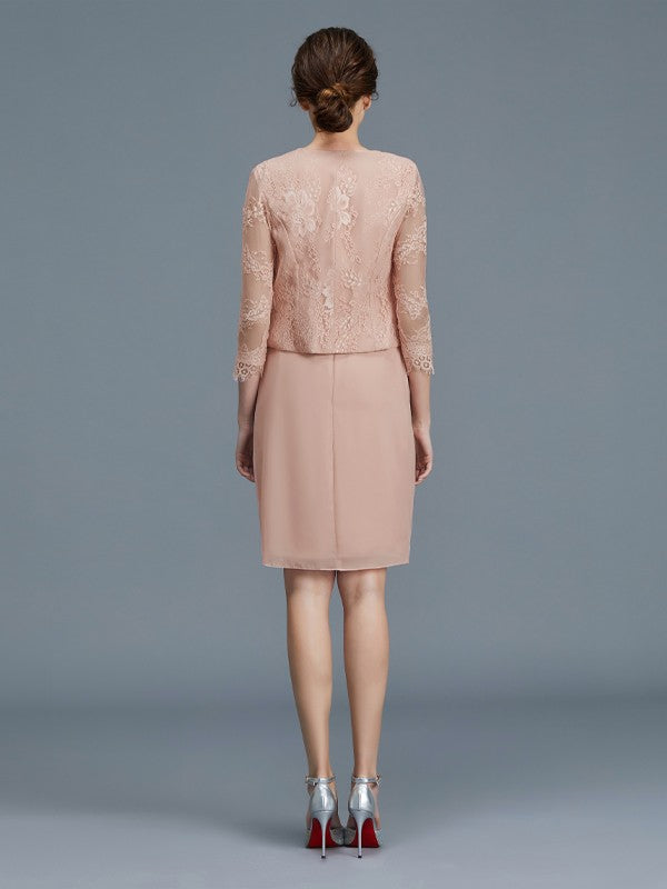 A Line Sheath/Column Sheer Neck Ruffles Chiffon Sleeveless Knee-Length Mother of the Bride Dresses