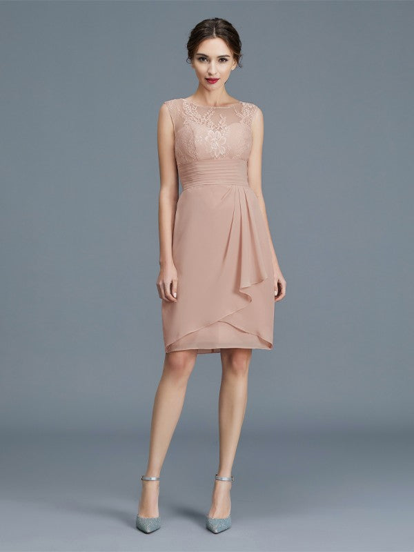 A Line Sheath/Column Sheer Neck Ruffles Chiffon Sleeveless Knee-Length Mother of the Bride Dresses