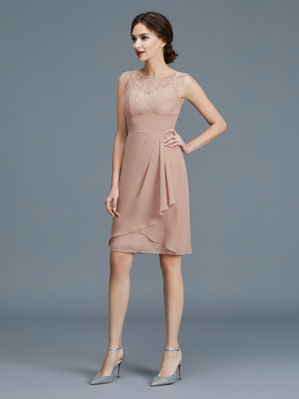 A Line Sheath/Column Sheer Neck Ruffles Chiffon Sleeveless Knee-Length Mother of the Bride Dresses