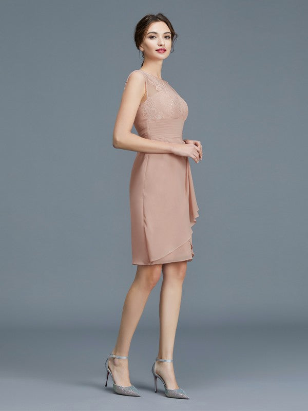 A Line Sheath/Column Sheer Neck Ruffles Chiffon Sleeveless Knee-Length Mother of the Bride Dresses