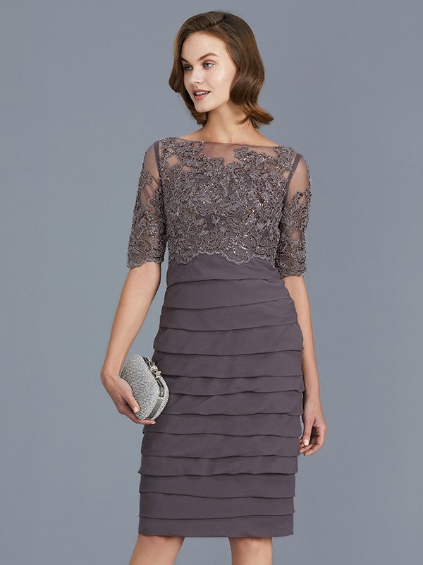 A Line Sheath/Column Scoop Ruffles Chiffon 1/2 Sleeves Knee-Length Mother of the Bride Dresses