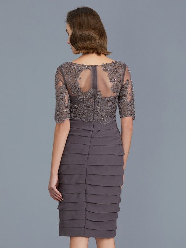 A Line Sheath/Column Scoop Ruffles Chiffon 1/2 Sleeves Knee-Length Mother of the Bride Dresses