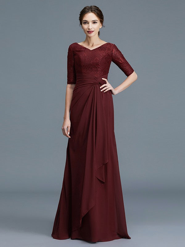 A-Line Scoop 1/2 Sleeves Chiffon Applique Floor-Length Mother of the Bride Dresses