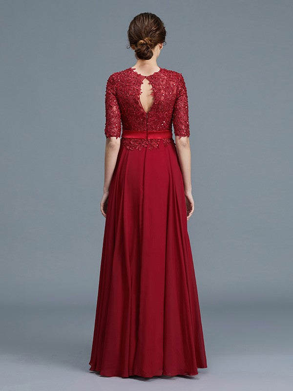 A-Line/Princess Scoop 1/2 Sleeves Chiffon Applique Floor-Length Mother of the Bride Dresses