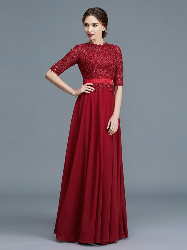 A-Line Scoop 1/2 Sleeves Chiffon Applique Floor-Length Mother of the Bride Dresses