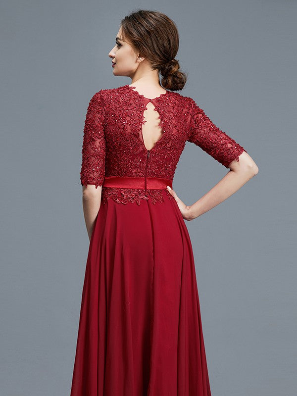 A-Line Scoop 1/2 Sleeves Chiffon Applique Floor-Length Mother of the Bride Dresses