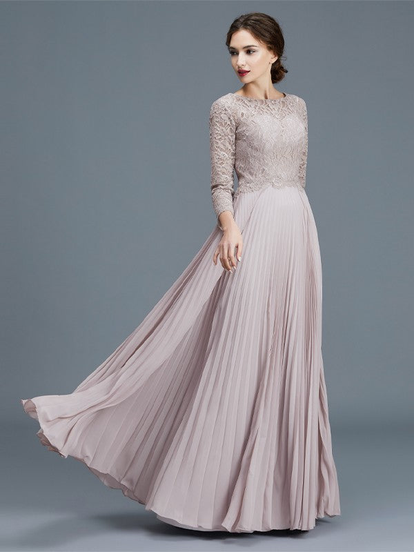 A-Line Scoop 3/4 Sleeves Lace Chiffon Floor-Length Mother of the Bride Dresses