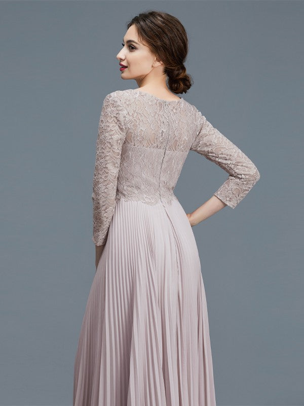 A-Line Scoop 3/4 Sleeves Lace Chiffon Floor-Length Mother of the Bride Dresses
