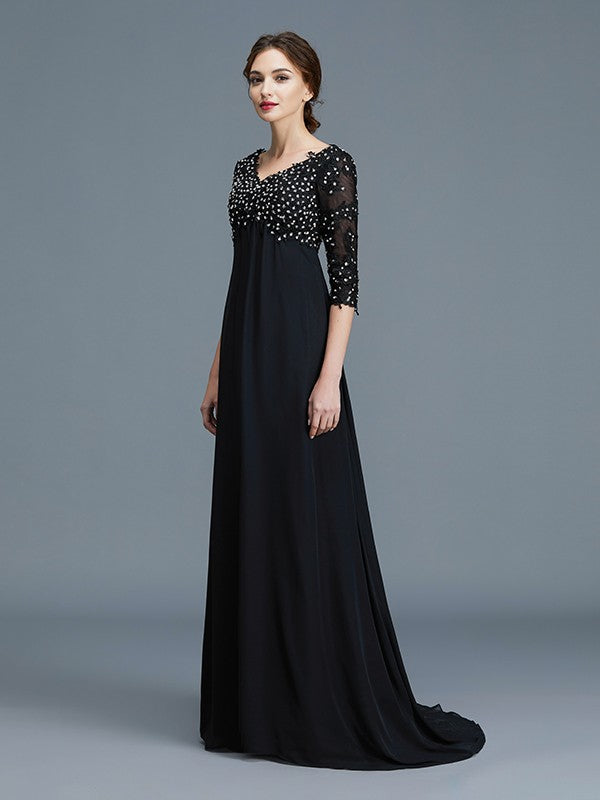 A-Line V-neck 1/2 Sleeves Beading Chiffon Floor-Length Mother of the Bride Dresses