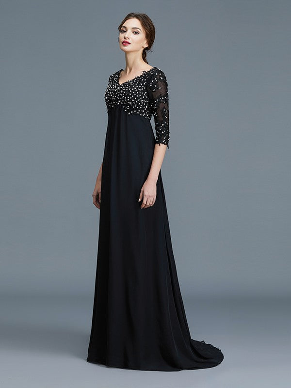 A-Line V-neck 1/2 Sleeves Beading Chiffon Floor-Length Mother of the Bride Dresses