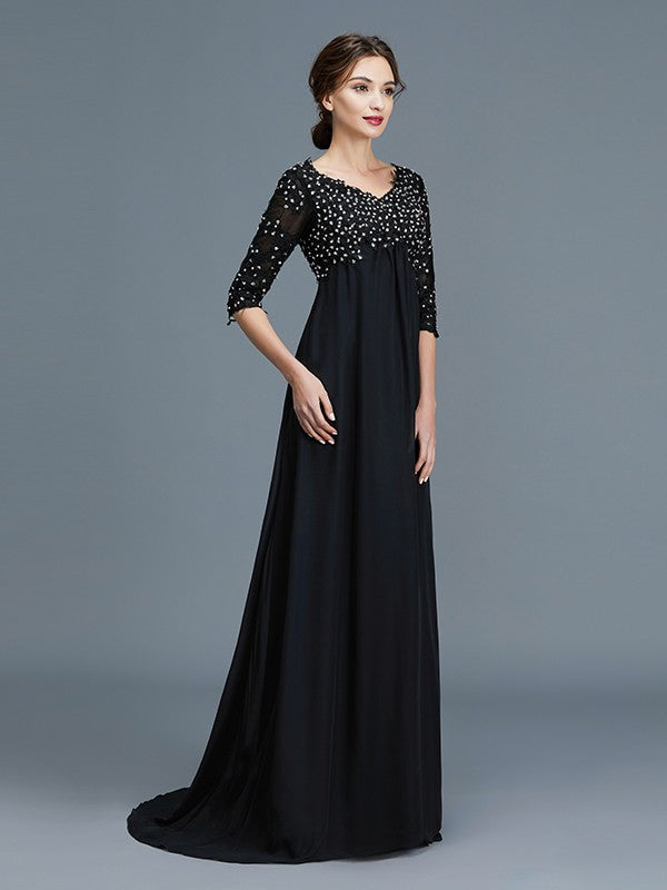 A-Line V-neck 1/2 Sleeves Beading Chiffon Floor-Length Mother of the Bride Dresses