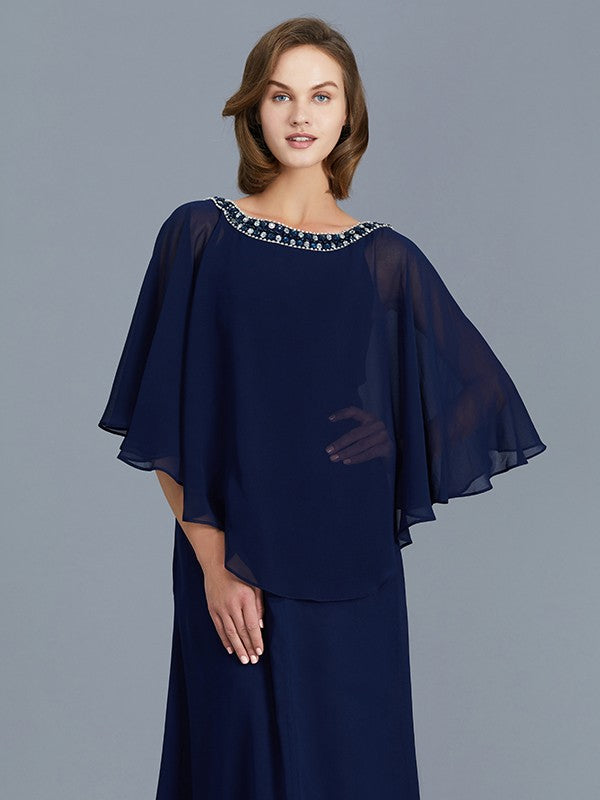 A Line Sheath/Column Scoop Beading Long Sleeves Chiffon Floor-Length Mother of the Bride Dresses