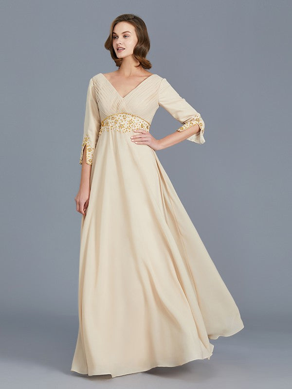 A-Line V-neck Ruffles Chiffon Floor-Length Mother of the Bride Dresses