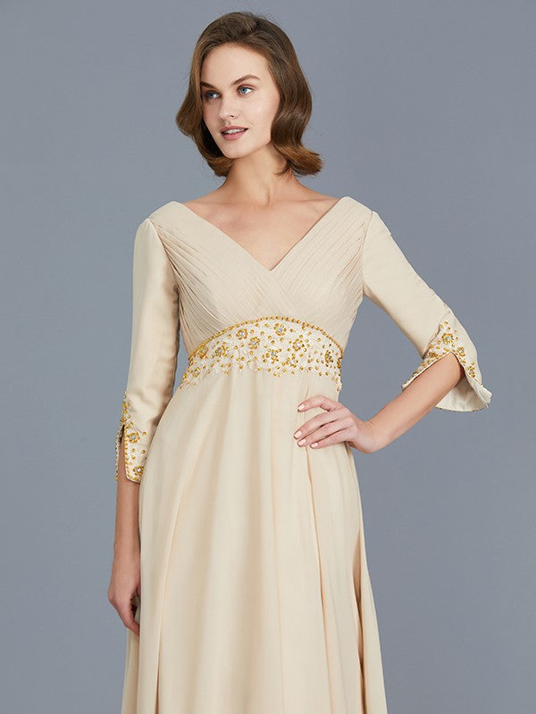 A-Line V-neck Ruffles Chiffon Floor-Length Mother of the Bride Dresses