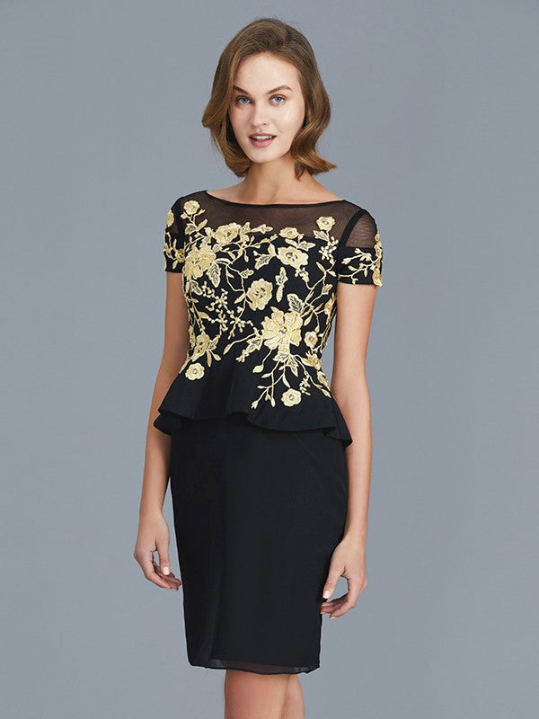 A Line Sheath/Column Scoop Ruffles Short Sleeves Knee-Length Chiffon Mother of the Bride Dresses