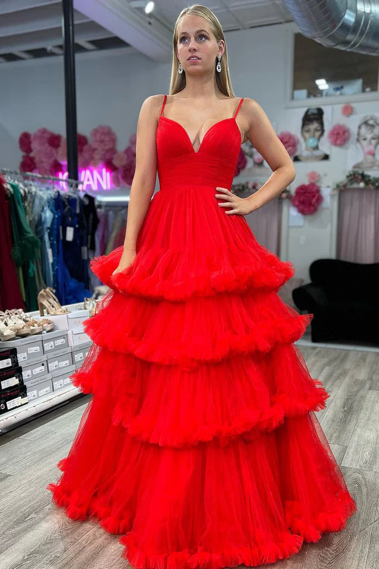 A Line Spaghetti Straps V Neck Red Tulle Layers Long Prom Dresses