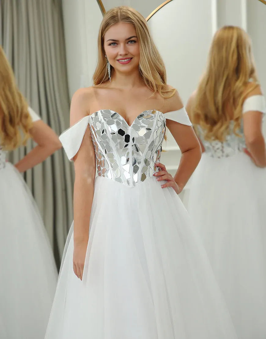 A Line Off the Shoulder Tulle Long Mirror Prom Dress