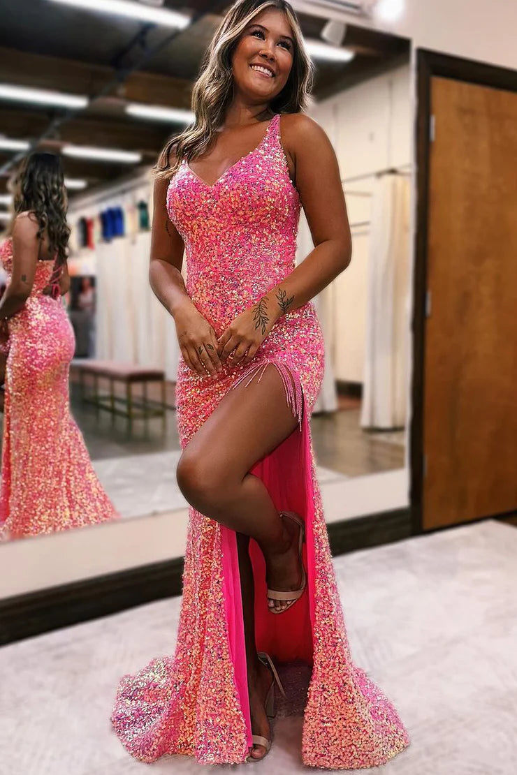 Mermaid Sleek Glittering Sparkle V Neck Sequins Long Prom Dresses with Beading