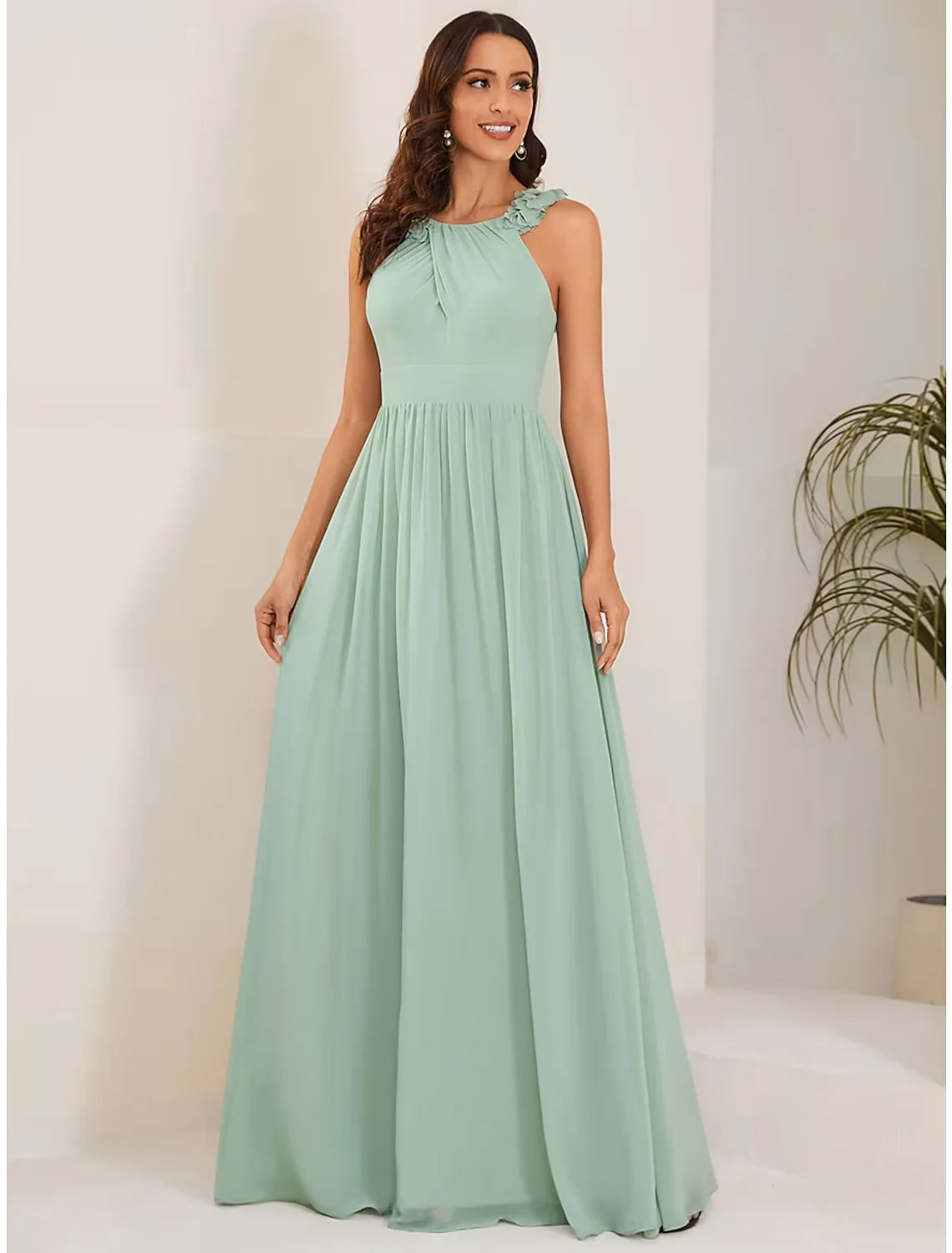 A-Line Wedding Guest Dresses Elegant Dress Formal Floor Length Sleeveless Jewel Neck Chiffon with Pleats Shouder Flowe